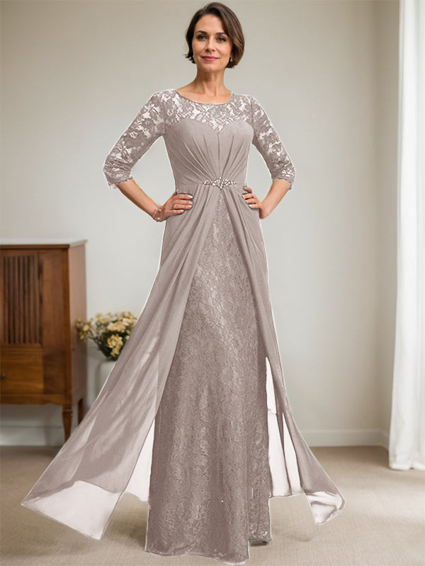A-Line Scoop Neck Illusion Floor-Length Lace Chiffon Mother of the Bride Dress with Beaded Ruffles