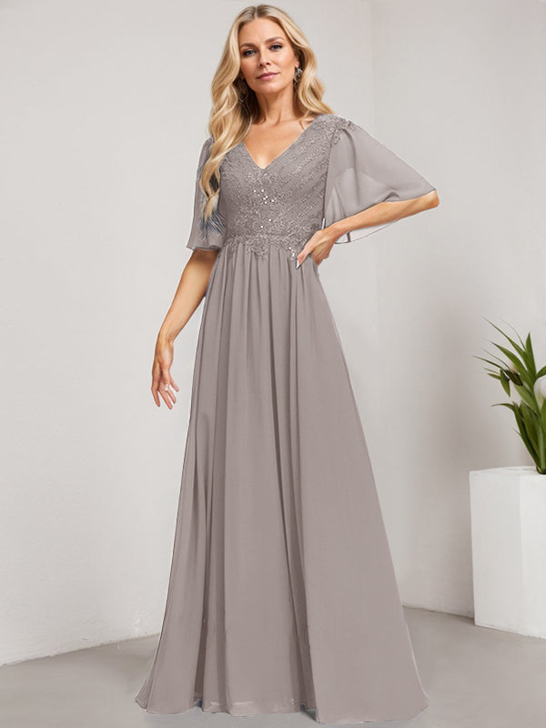 A-Line V-Neck Floor-Length Lace Chiffon Mother of the Bride Dress with Sequins