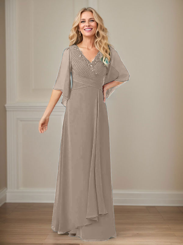A-Line V-Neck Long Sequin Chiffon Mother of the Bride Dress