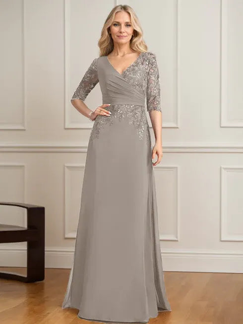A-Line V-Neck Floor-Length Lace and Chiffon Mother of the Bride Dress with Pleated Sequins