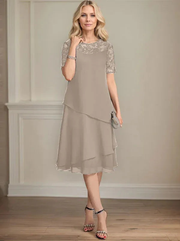 A-Line Scoop Neck Illusion Knee-Length Lace Chiffon Mother of the Bride Dress with Sequins