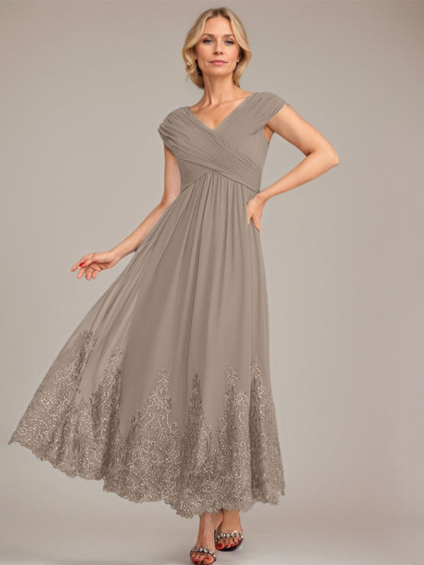 A-Line V-Neck Chiffon Mother of the Bride Dress with Appliqué and Sequins, Ankle-Length