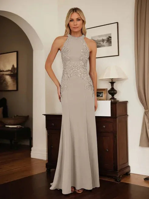 Dusty Blue Sheath Halter Mother of the Bride Dress with Appliqué Details