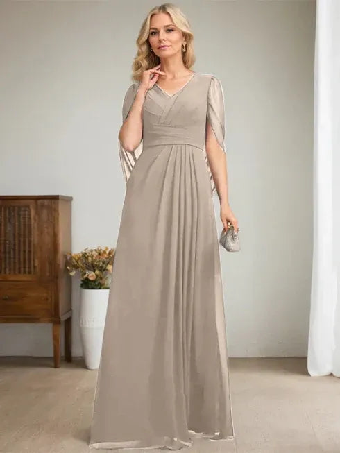 Dark Navy A-Line V-Neck Long Mother of the Bride Dress