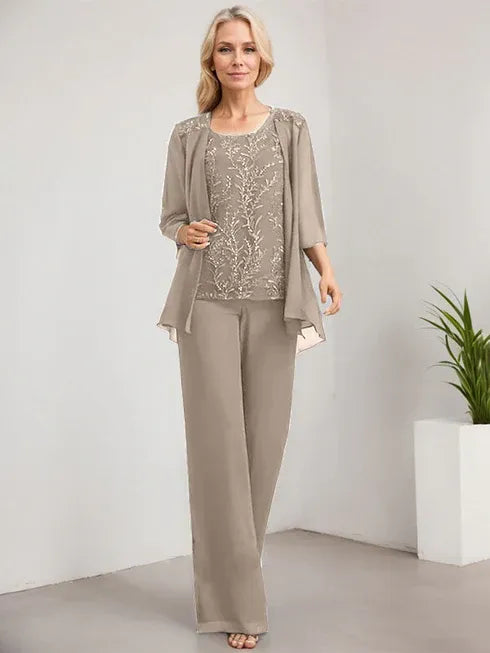 Floor-Length Lace Chiffon Mother of the Bride Jumpsuit/Pantsuit with Scoop Neck and Sequins