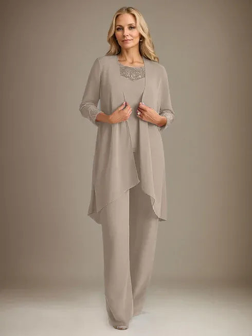 Chiffon Scoop Neck Long Sleeve Mother of the Bride Pantsuit with Jacket