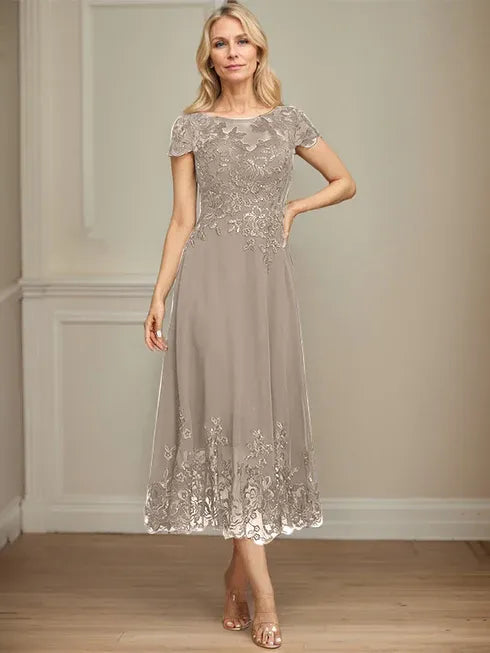 A-Line Illusion Scoop Tea-Length Lace Chiffon Mother of the Bride Dress with Sequins