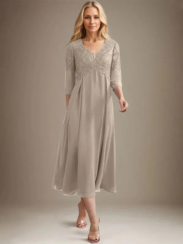 A-Line V-Neck Tea-Length Chiffon Lace Mother of the Bride Dress with Beading