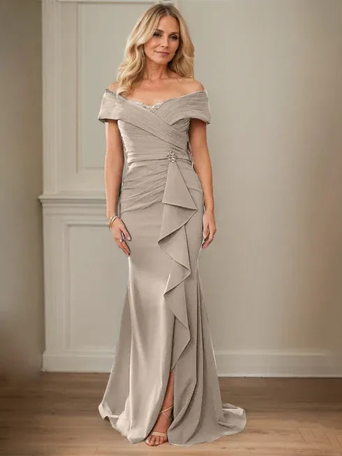 Floor-Length Lace and Chiffon Mother of the Bride Dress with Sheath/Column V-Neck Illusion and Pleated Sequins
