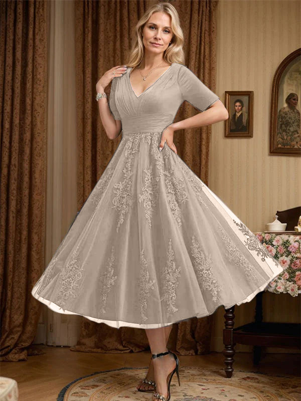 A-Line V-Neck Tea-Length Tulle Lace Mother of the Bride Dress with Pleats