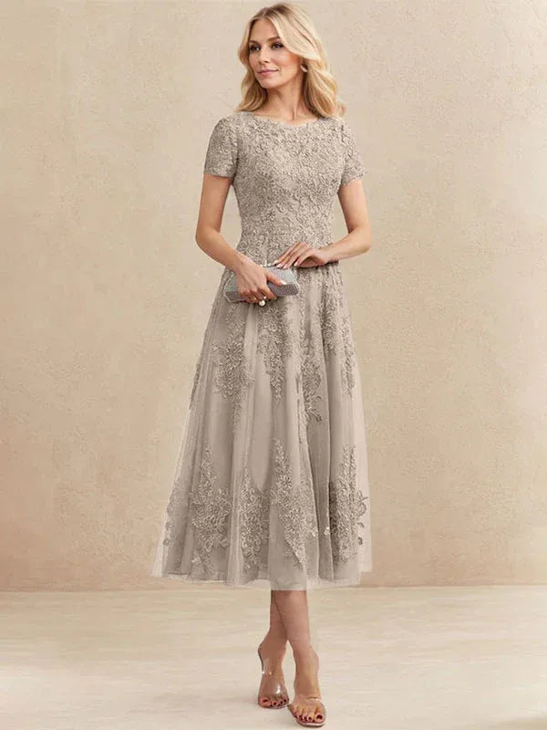 A-Line Scoop Neck Tea-Length Tulle Lace Mother of the Bride Dress