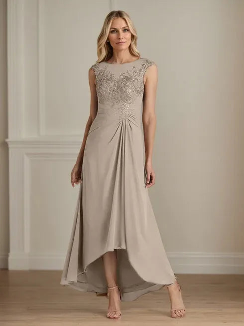 Champagne A-Line Lace and Chiffon Scoop Neck Dress