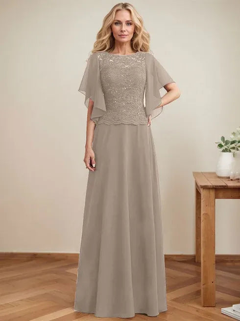 A-Line Scoop Neck Illusion Floor-Length Lace Chiffon Mother of the Bride Dress with Sequins