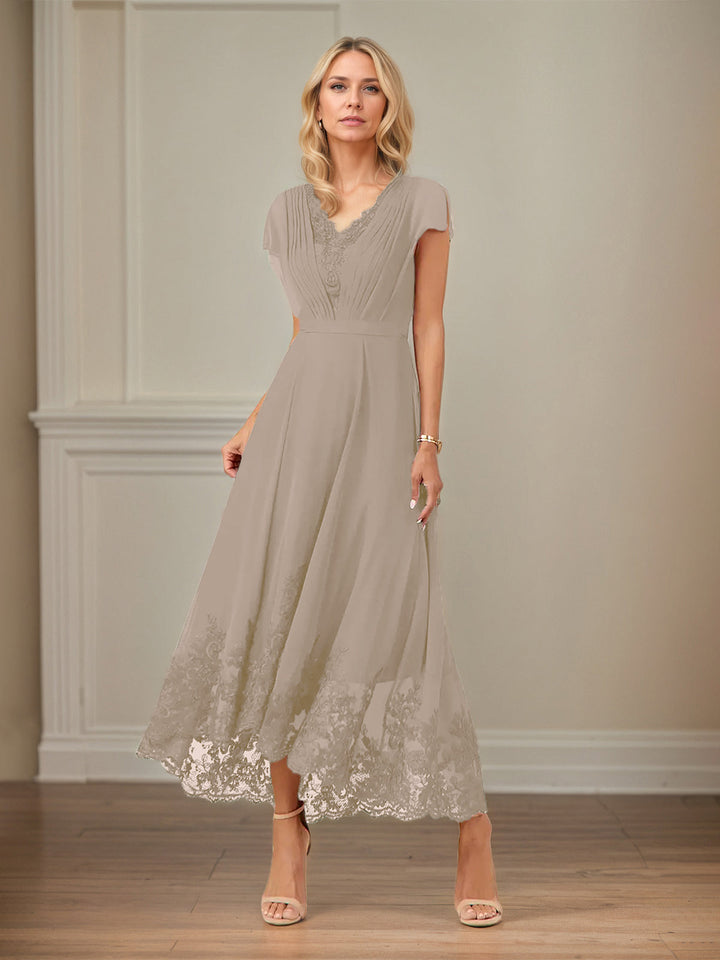 A-Line V-Neck Flutter Sleeve Chiffon Dress with Appliques and Ankle Length