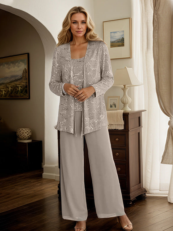 Chiffon Mother of the Bride Pantsuit Set with Jacket and Sequins