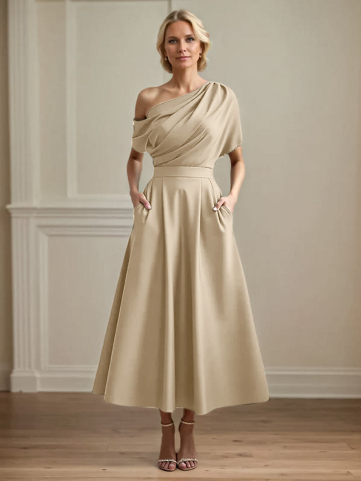 One-Shoulder Satin A-Line Pleated Ankle-Length Mother of the Bride Dress