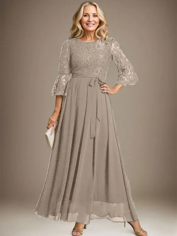 A-Line Scoop Neck Ankle-Length Lace Chiffon Mother of the Bride Dress with Bow