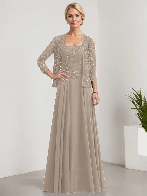 A-Line Square Neck Floor-Length Lace and Chiffon Mother of the Bride Dress with Sequins