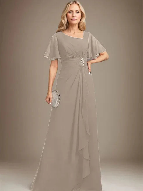 A-Line Asymmetrical Floor-Length Chiffon Mother of the Bride Dress with Pleated Beading and Sequins