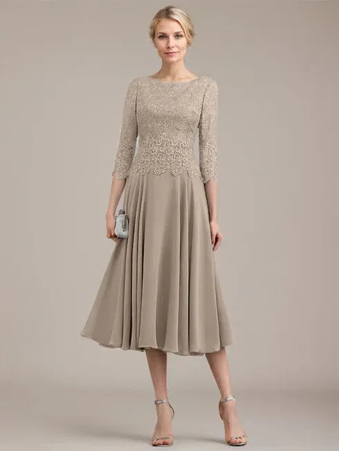 A-Line Scoop Neck Tea-Length Lace Chiffon Mother of the Bride Dress