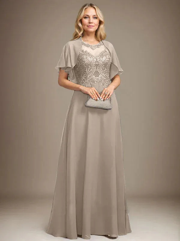 A-Line Scoop Neck Illusion Floor-Length Lace Chiffon Mother of the Bride Dress with Sequins