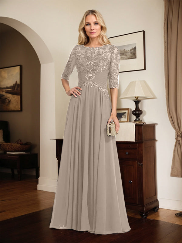 A-Line Scoop Neck Illusion Floor-Length Chiffon and Lace Mother of the Bride Dress with Pleated Sequins