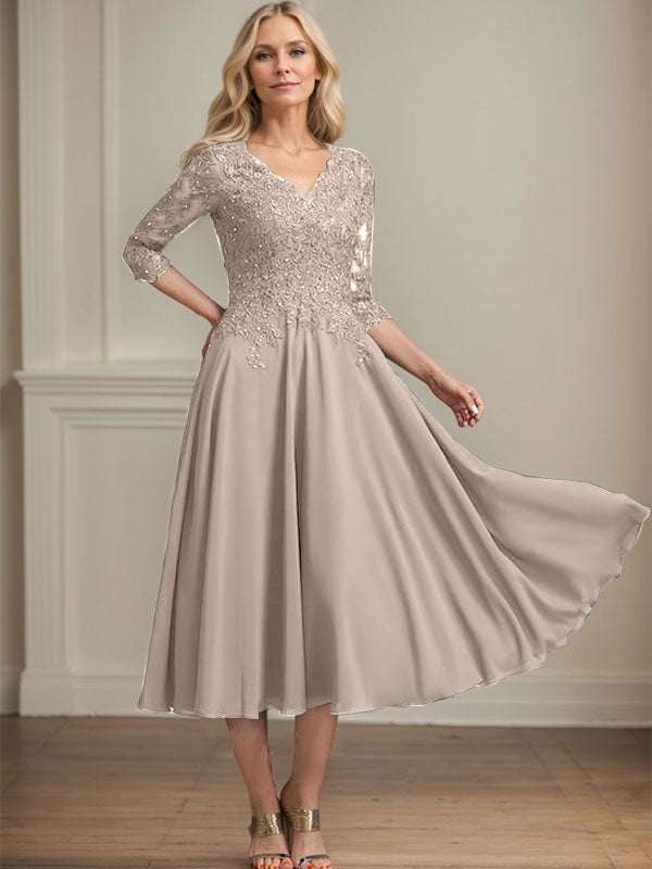 A-Line V-Neck Tea-Length Chiffon and Lace Mother of the Bride Dress with Beading and Sequins