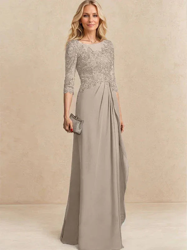 A-Line Scoop Illusion Floor-Length Chiffon and Lace Mother of the Bride Dress with Beading, Sequins, and Cascading Ruffles