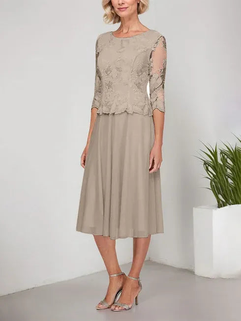 A-Line Scoop Neck Tea-Length Lace Chiffon Mother of the Bride Dress with Embroidery