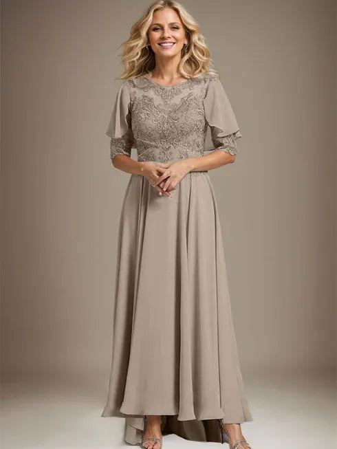 A-Line Scoop Neck Illusion Asymmetrical Chiffon and Lace Mother of the Bride Dress with Beading