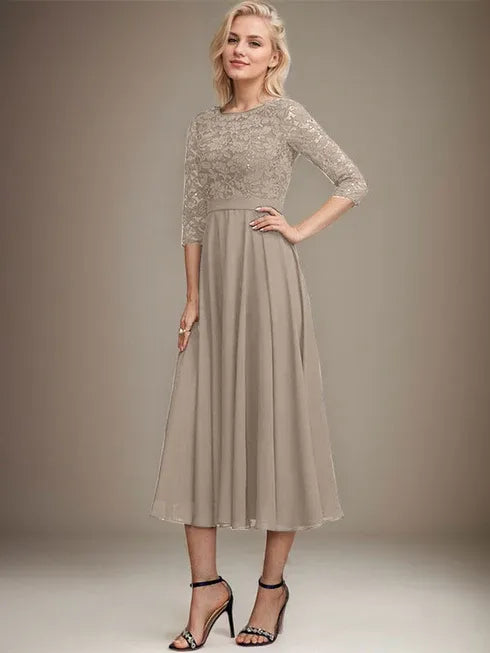 A-Line Scoop Neck Tea-Length Lace Chiffon Mother of the Bride Dress with Sequins