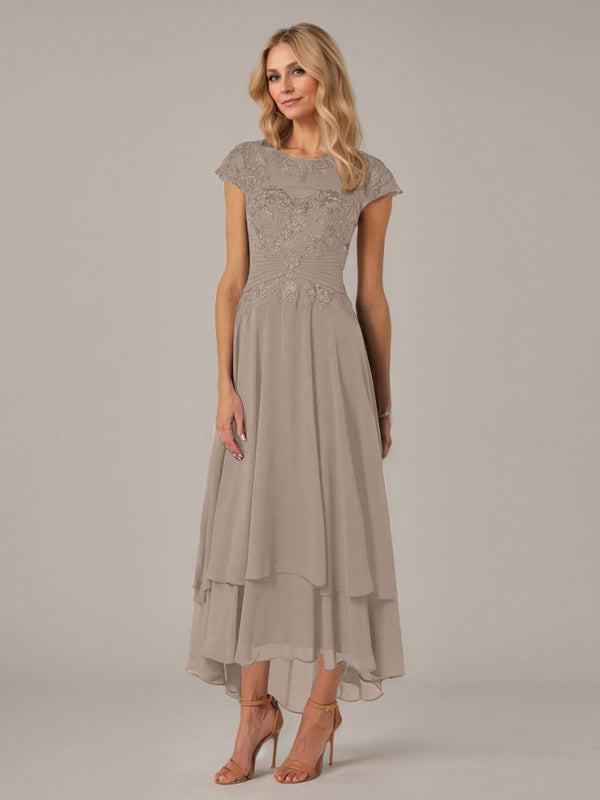 A-Line Boat Neck Illusion Asymmetrical Chiffon Lace Mother of the Bride Dress with Applique and Pleats