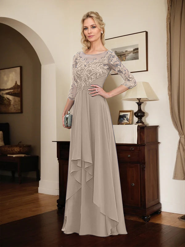 A-Line Scoop Neck Illusion Floor-Length Lace Chiffon Mother of the Bride Dress with Cascading Ruffles