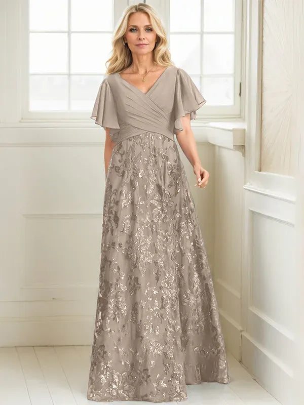 A-Line V-Neck Floor-Length Lace and Sequin Chiffon Mother of the Bride Dress with Pleats