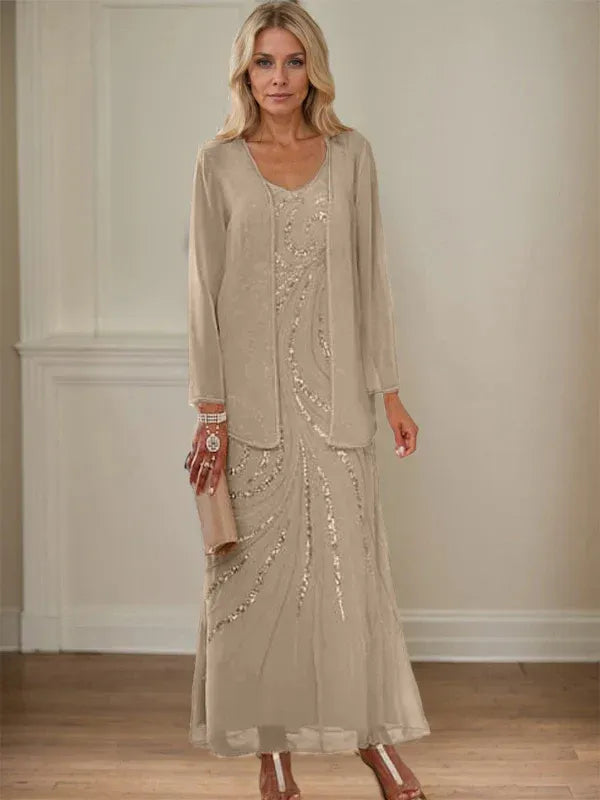 V-Neck Sheath/Mother of the Bride Ankle-Length Dress with Jacket & Sequins