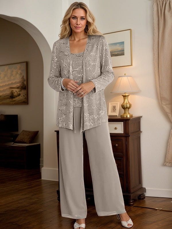 Chiffon Mother of the Bride Pantsuit Set with Jacket and Sequins