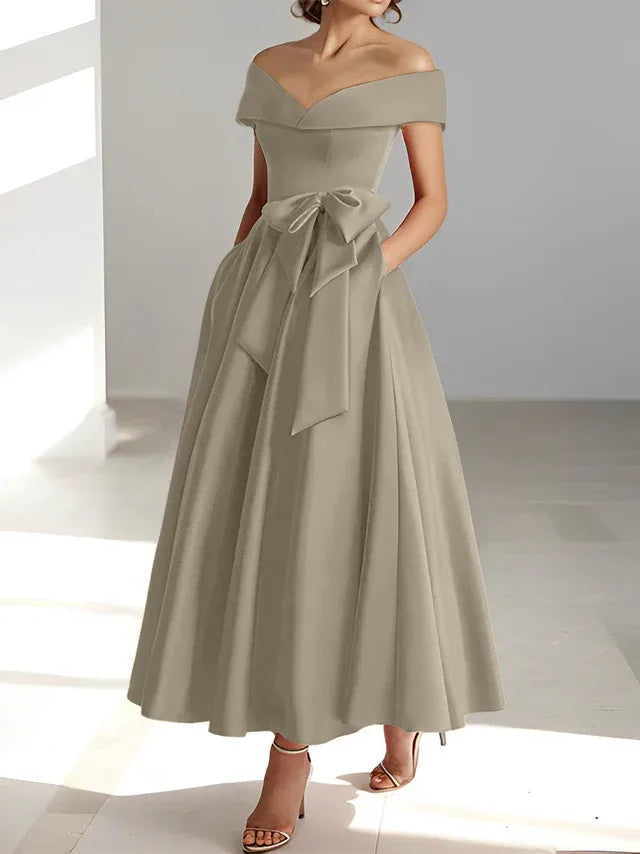 A-Line Off-the-Shoulder Sleeveless Ankle-Length Mother of the Bride Dress with Pockets