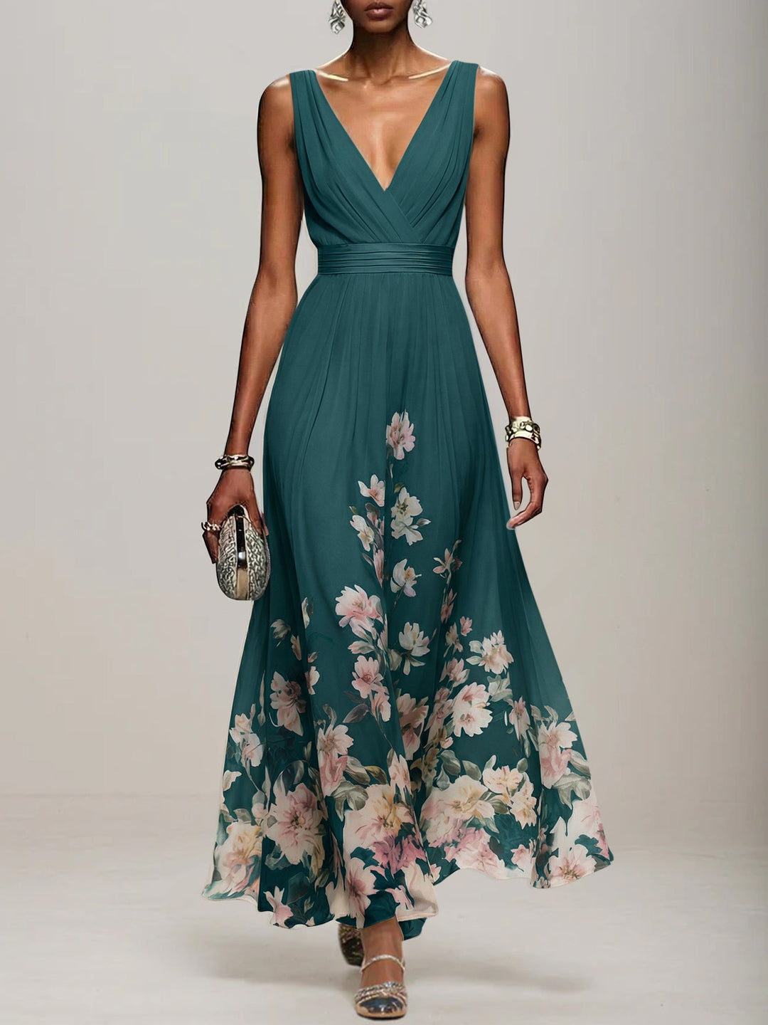 Light Blue Floral Chiffon V-Neck Sleeveless A-Line Maxi Dress