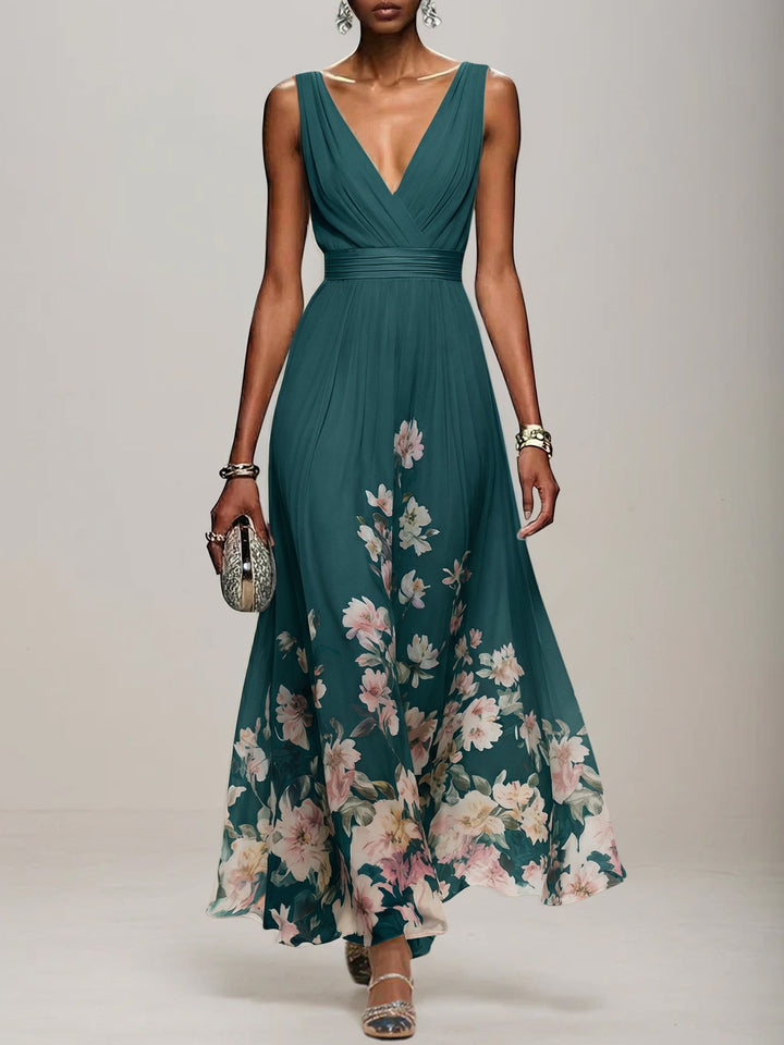 Light Blue Floral Chiffon V-Neck Sleeveless A-Line Maxi Dress