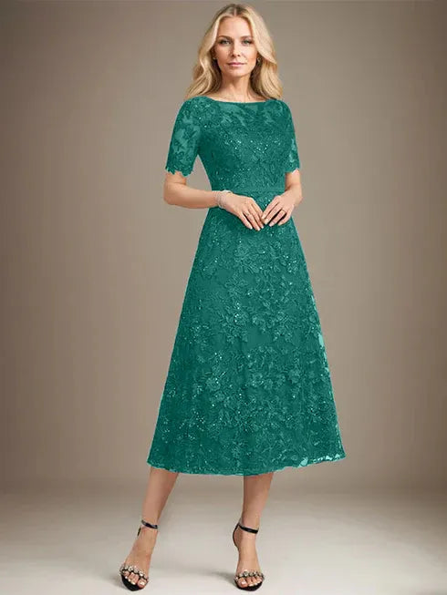 A-Line Scoop Neck Illusion Tea-Length Lace Mother of the Bride Dress with Sequins