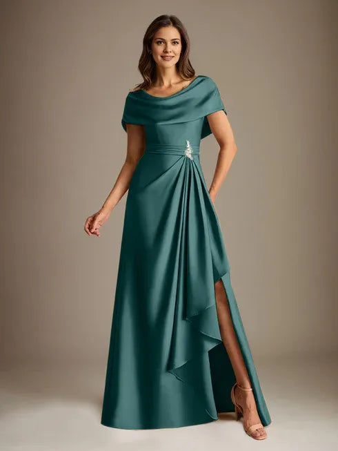 A-Line Scoop Neck Floor-Length Stretch Satin Mother of the Bride Dress with Cascading Ruffles
