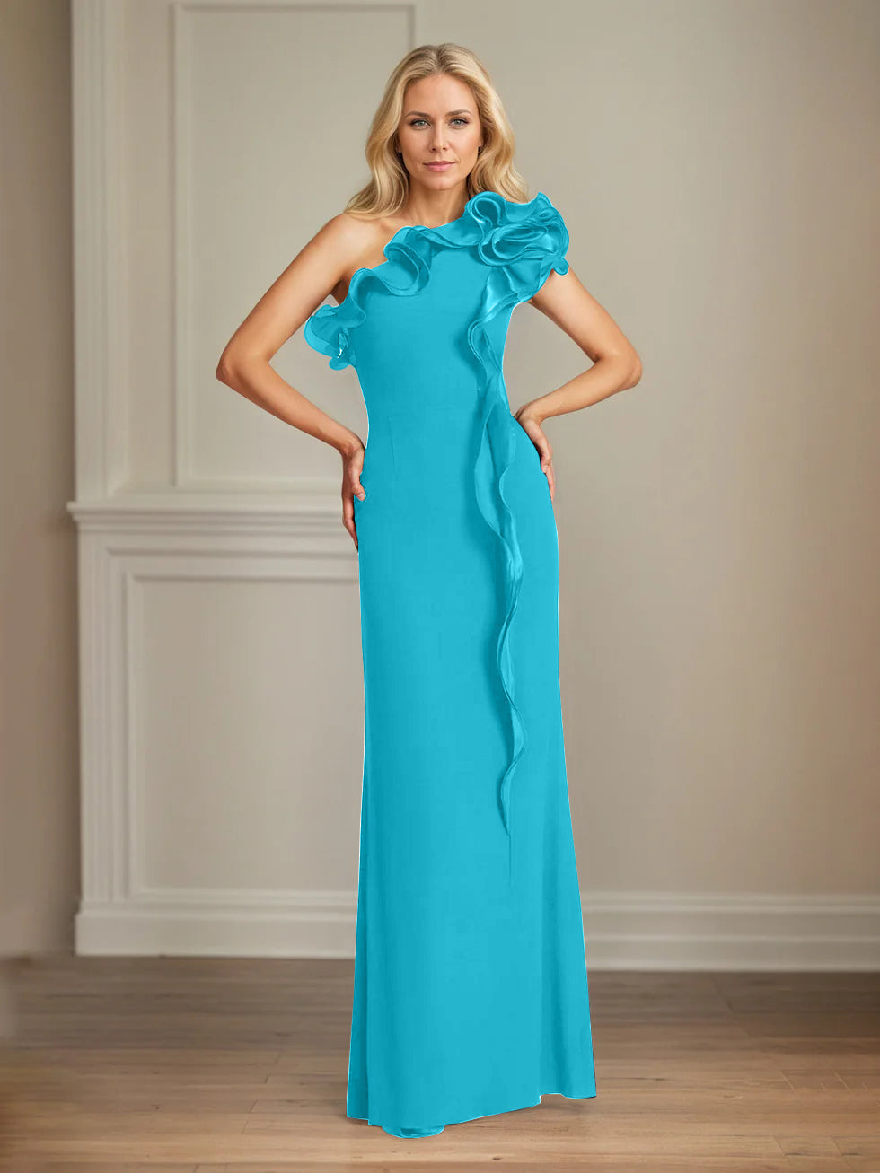 Navy Stretch Crepe One-Shoulder Sheath Dress with Ruffles – Floor-Length Mother of the Bride Gown