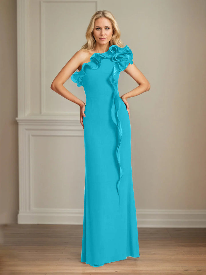 Navy Stretch Crepe One-Shoulder Sheath Dress with Ruffles – Floor-Length Mother of the Bride Gown