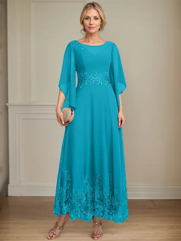 A-Line Scoop Neck Illusion Lace Chiffon Mother of the Bride Dress with Sequins and Ankle-Length Hem