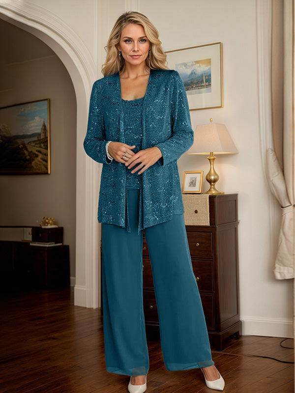 Chiffon Mother of the Bride Pantsuit Set with Jacket and Sequins