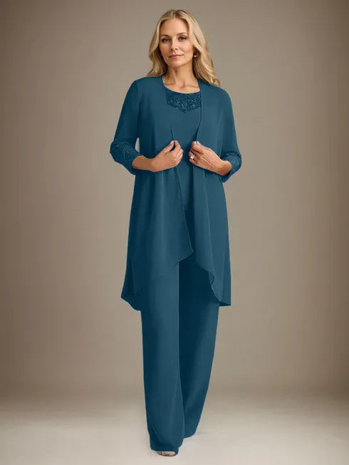 Chiffon Scoop Neck Long Sleeve Mother of the Bride Pantsuit with Jacket