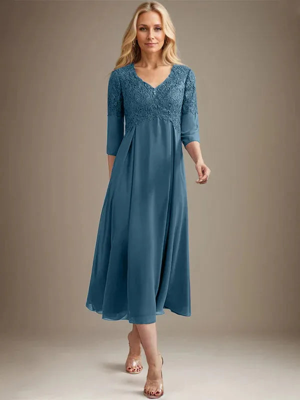 A-Line V-Neck Tea-Length Chiffon Lace Mother of the Bride Dress with Beading