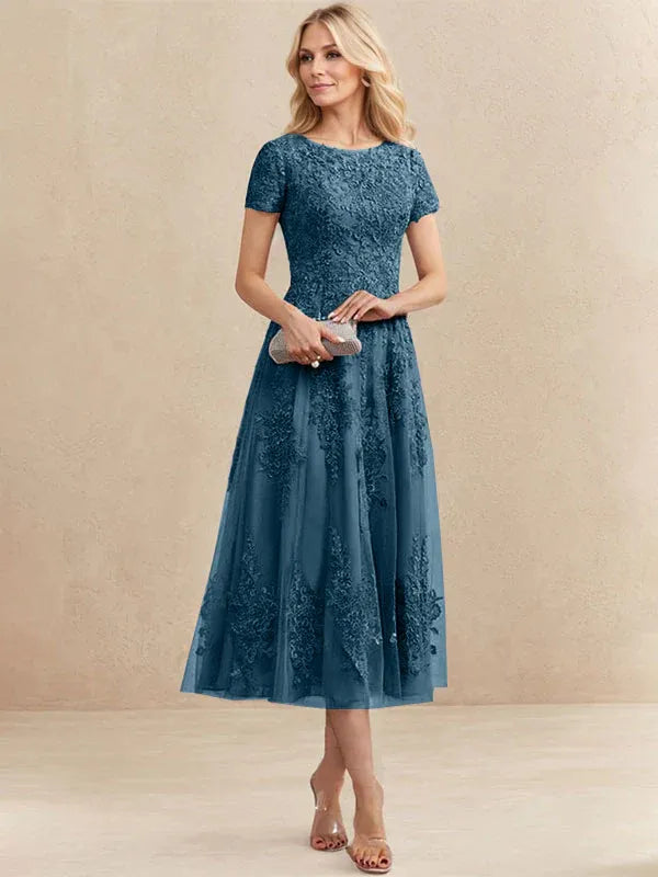 A-Line Scoop Neck Tea-Length Tulle Lace Mother of the Bride Dress