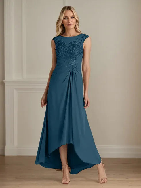 Champagne A-Line Lace and Chiffon Scoop Neck Dress