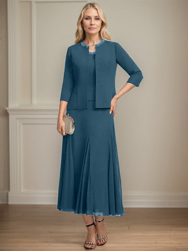 A-line Scoop Tea-Length Chiffon Mother of the Bride Dress with Sequins and Beading Separates
